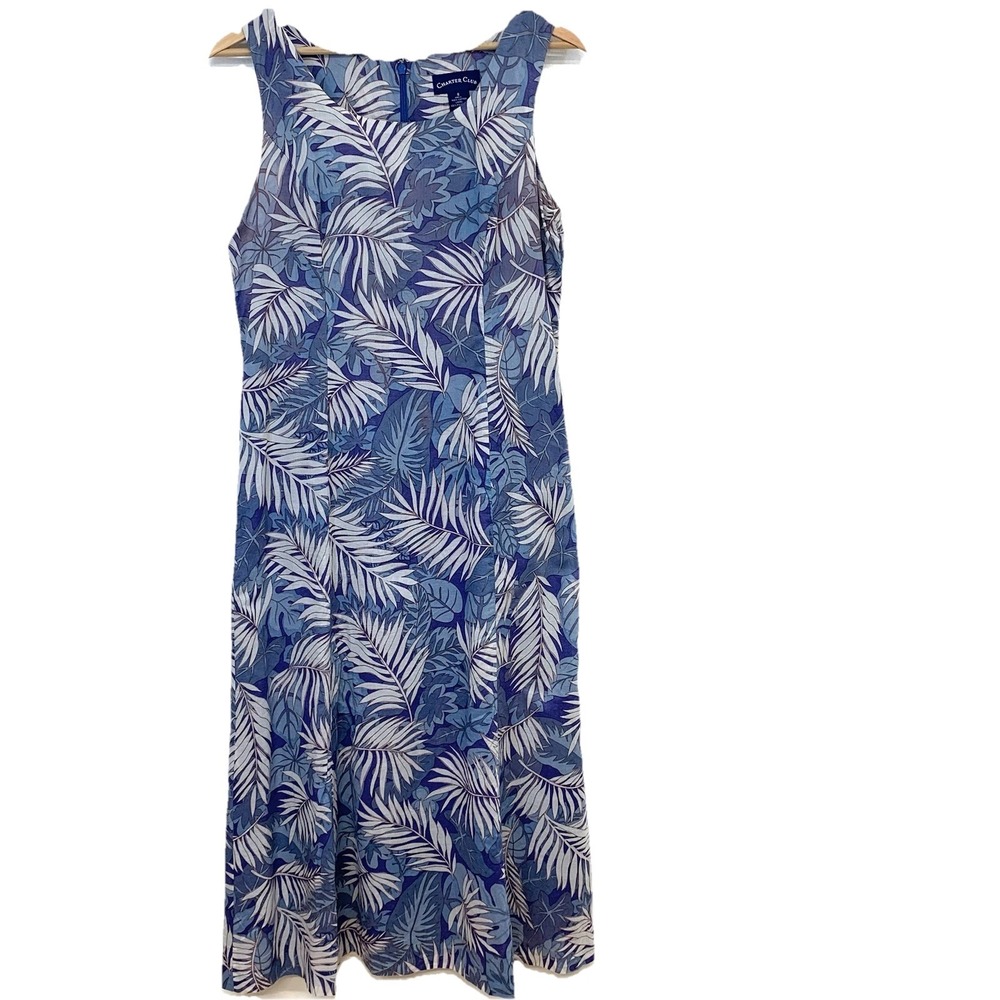 Charter Club Cotton Midi Dress Blue Floral Sz 8 Lined A line Casual Tropical